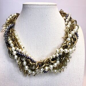 Chunky Statement Bib Necklace Maximalist Faux Pearl Gold Tone Multi Strand Mixed